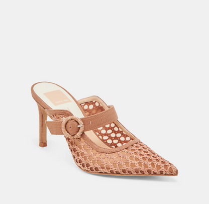 Pointed-toe sandal with mesh design and high heel on a light gray background