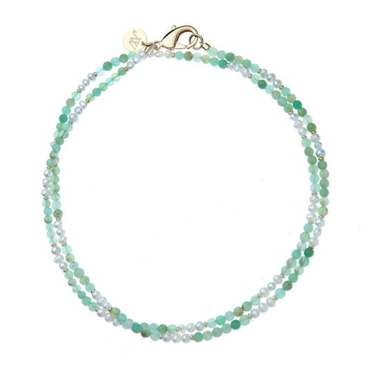 JW DOUBLE WRAP CHRYSOPRASE AND PEARL BEADED NECKLACE