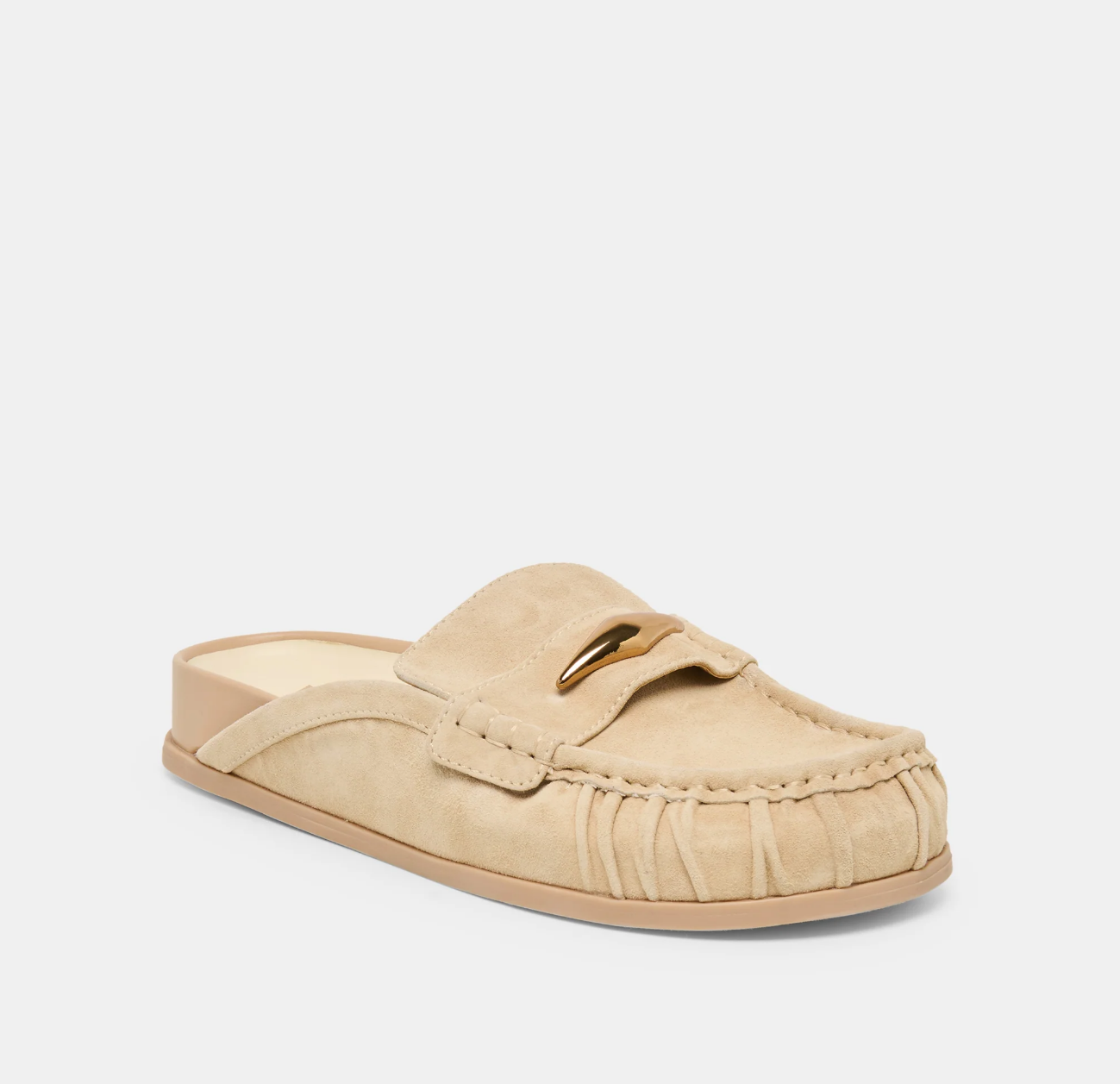 Beige slip-on shoe with a strap on a white background