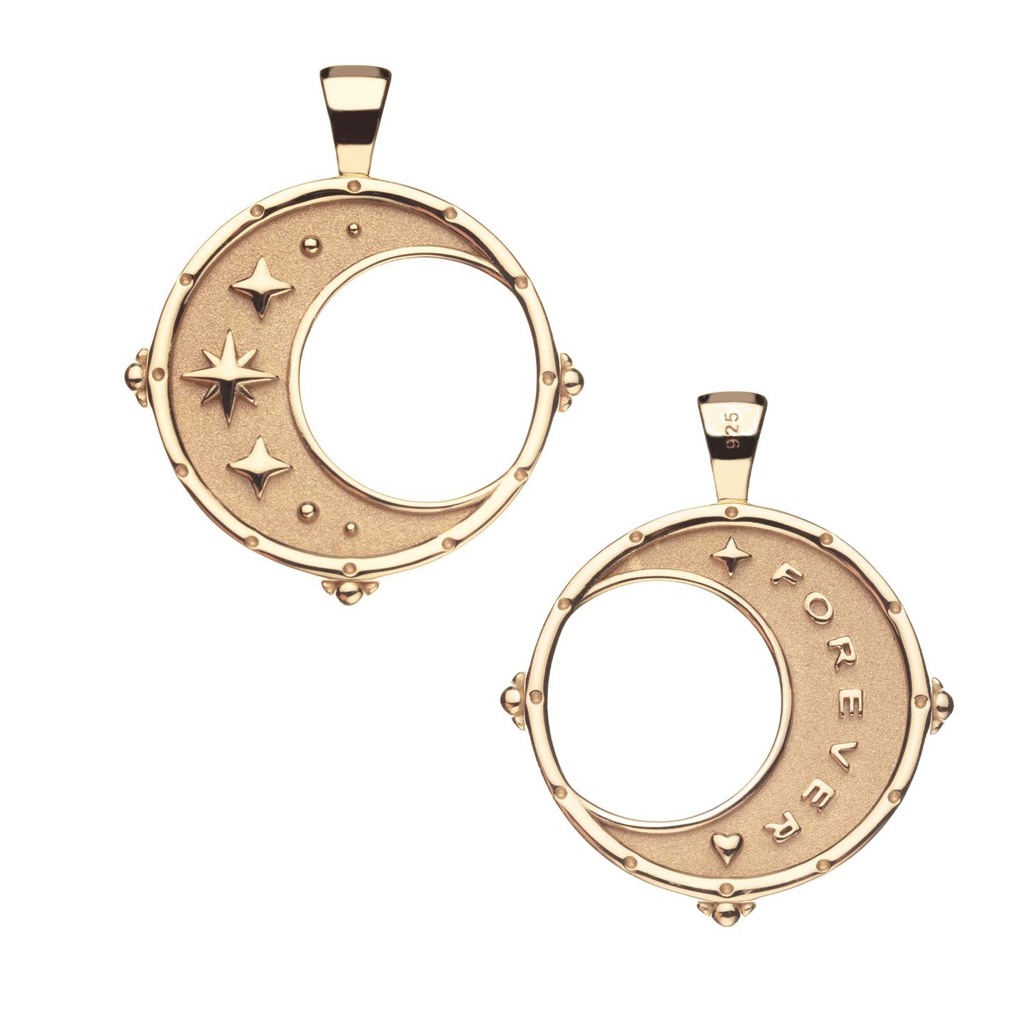 Gold circular pendants with star designs and 'FOREVER' engraving on a white background