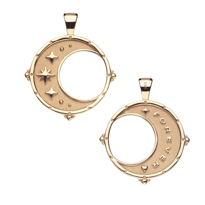 Gold circular pendants with star designs and 'FOREVER' engraving on a white background