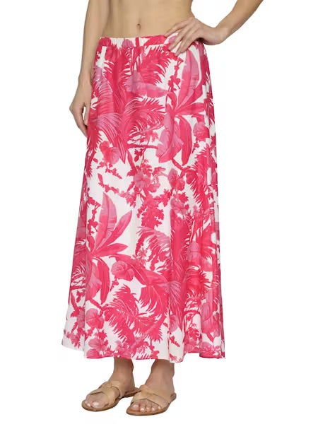 Person wearing a pink and white floral skirt on a white background