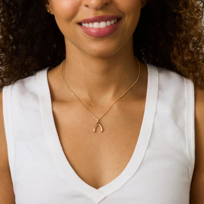 LUCKY Gold Mini Wishbone Pendant in 10k