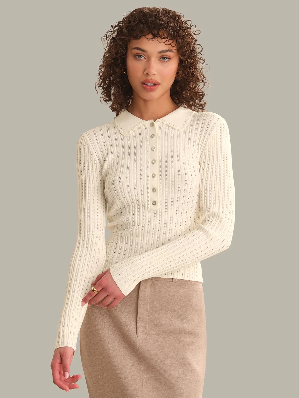 TABITHA CROCHET COLLAR LONG SLEEVE HENLEY