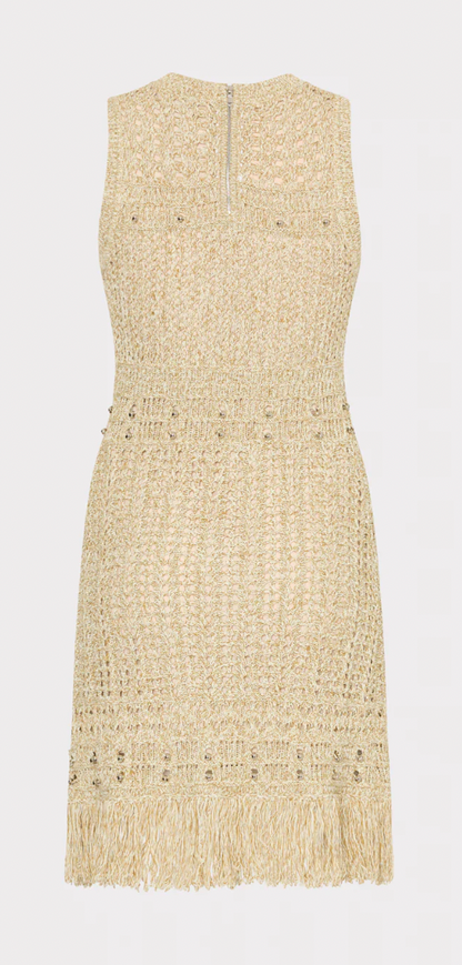 BEADED FRINGE MINI DRESS BEIGE