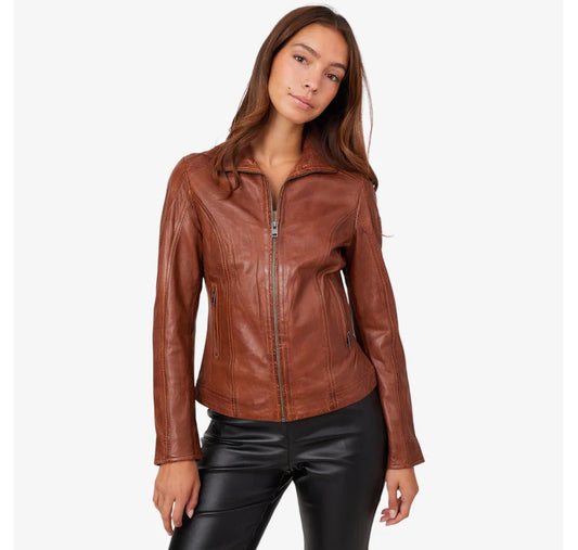 Woman wearing a brown leather jacket on a white background