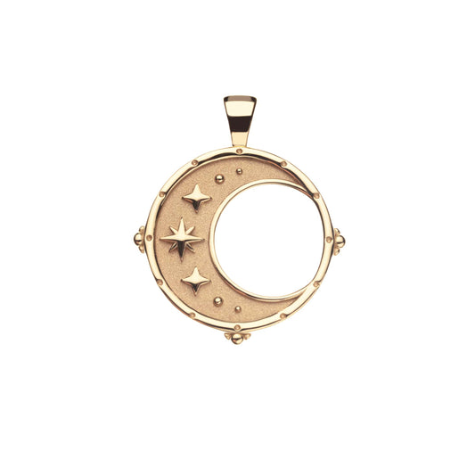 Gold pendant with moon and star design on a white background