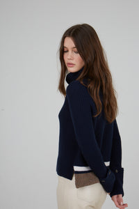 6 PLY SHAKER BUTTON CUFFED TURTLENECK W/ BACK STRIPES