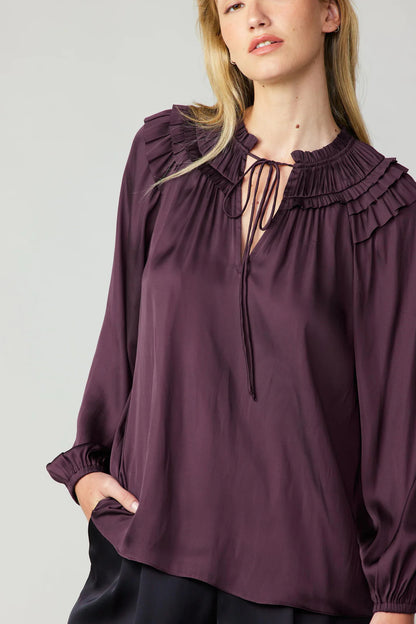 L-SLV SPLIT NECK BLOUSE W/RUFFLE