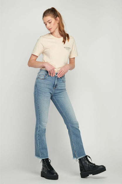 MED WASH CLASSIC STRETCH FRAYED HEM CROPPED FLARE