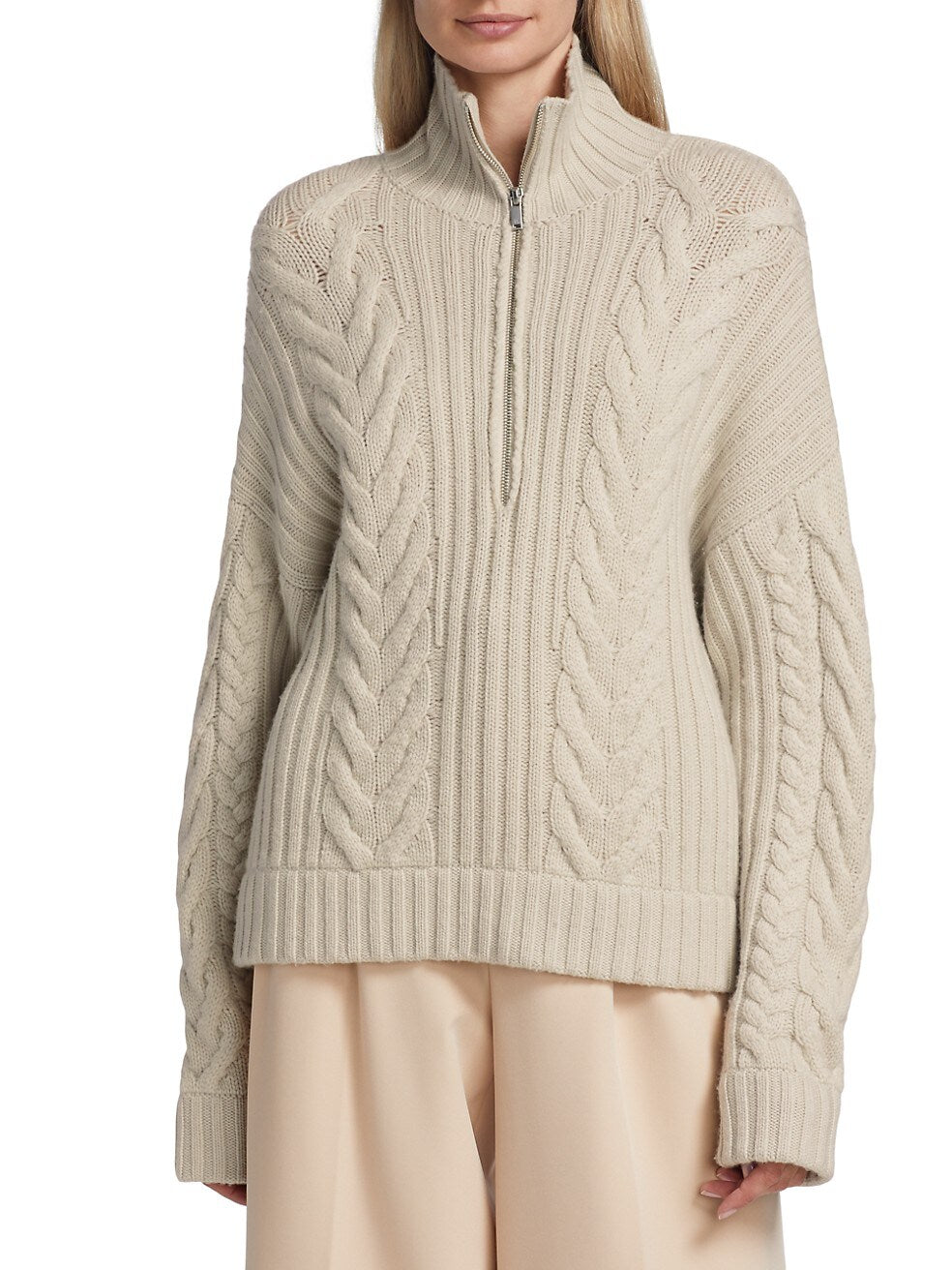 WOOL CASHMERE OPEN BACK CABLE QUARTER ZIP