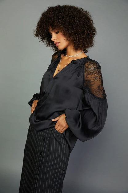 L-SLV SPLIT NECK BLOUSE W/RUFFLE WITH LACE